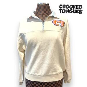 Crooked Tongues Pullover Collared Sweatshirt Small Cream Pastel Asos 1/4 Zip